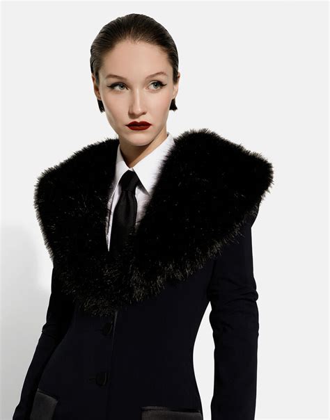 Long silk georgette coat with faux fur collar 